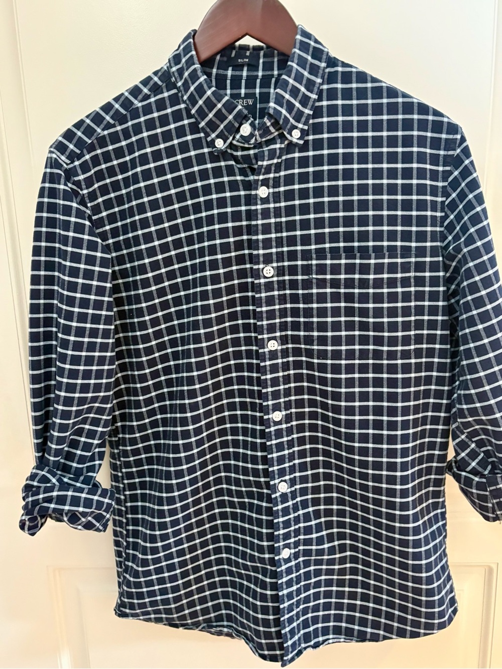 J. Crew Flex Oxford Slim Fit Navy White Windowpane Shirt Men’s Medium
